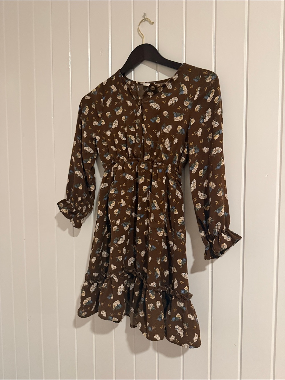 Hayden Girls Brown Floral Button-Front Dress with Blue & Cream Flowers